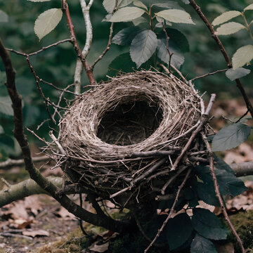 A bird nest placed beautifully on a side of a tree branch in a whimsical environment surrounded by nature. 