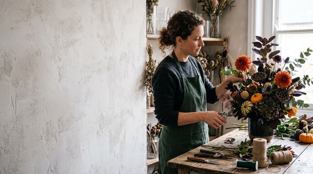 Female florist arranging autumn floral bouquet in workshop