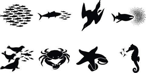 Fototapeta premium Ocean food chain and marine life feeding behavior black silhouette vector set isolated on white