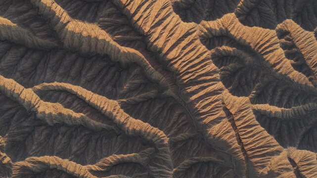 Aerial view of Ak Say desert ridges, Kyrgyzstan.
