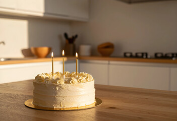 Naklejka premium Birthday celebration and anniversary party, white frosted cake with three lit gold candles on a wooden kitchen table in a cozy home interior setting