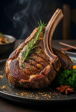 Gourmet dining and culinary excellence, grilled tomahawk steak with fresh rosemary and aromatic spices served on a dark plate for luxury restaurant
