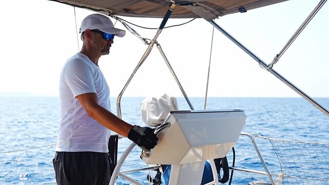 Man steering a sailing yacht on the Adriatic Sea near the Bay of Kotor in Montenegro. Freedom, sailing lifestyle and adventure travel on a private yacht.