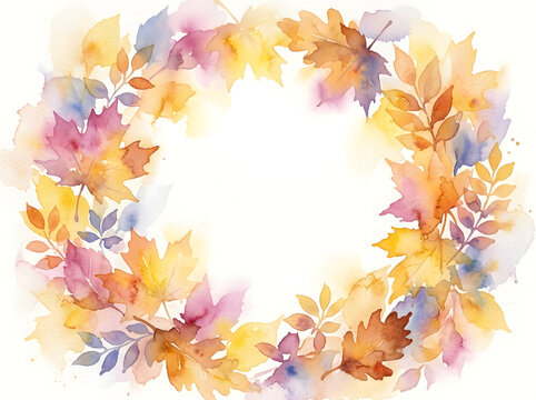 Watercolor autumn leaves arranged in a circular wreath with a white center