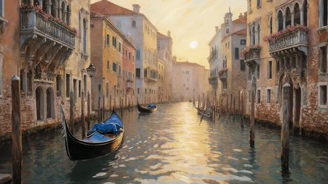 Venetian canal in golden hour light with gondola serene motion cinematic view