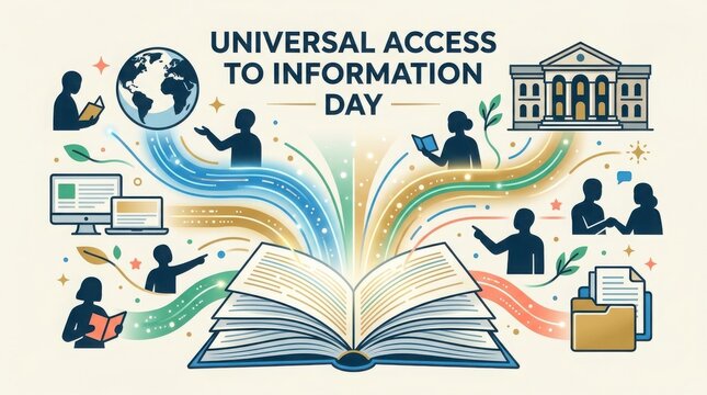 Universal access to information day concept with open book and diverse people sharing knowledge