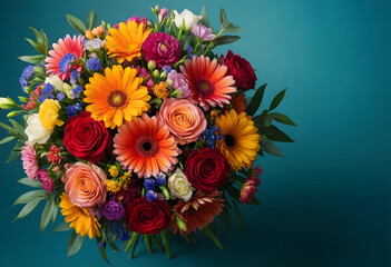 Naklejka premium Celebration and floral gift concept, colorful bouquet of gerbera daisies and roses with lush green leaves on a dark teal background for greeting cards