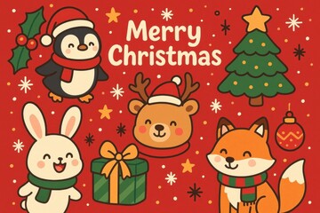 Fototapeta premium Festive cartoon animals celebrate Christmas.