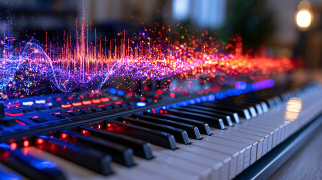 futuristic macro shot of a modern music keyboard surrounded by luminous waveform ribbons that gradually become floating colored particles, digital audio engineering and creative artificial intellige
