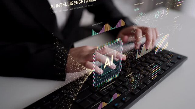 A person types on a keyboard. An AI processing workspace connects the behavior of predictive models with task throughput, helping relate output quality to the resources used for computation.