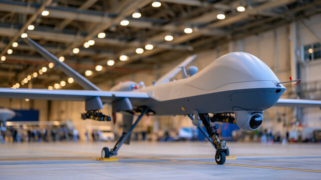 Photorealistic low three-quarter view of a stationary grey military unmanned aerial vehicle inside a spacious industrial warehouse, sleek streamlined fuselage and distinctive domed nose prominently 
