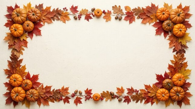 Autumnal frame made of orange pumpkins and colorful fall leaves on a white background with copy space