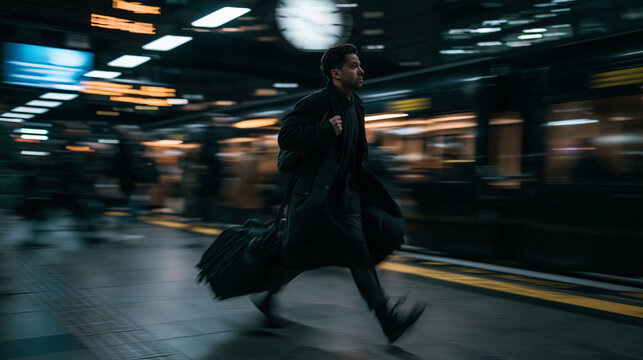 Commuter Running Fast to Catch Train at Subway Station