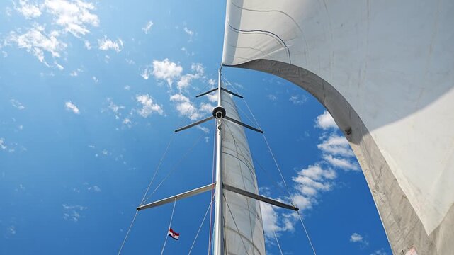 Curved white sail towering above a sailing yacht under a blue sky. Wind powered sailing and freedom on the open sea.