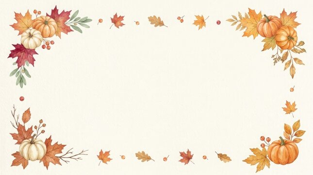 Watercolor autumn frame with pumpkins and fall leaves on a white background with central copy space