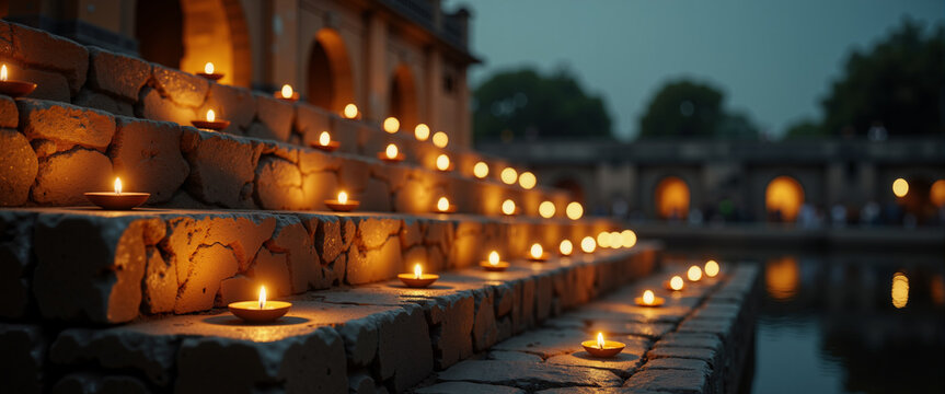 Ancient stepwell illuminated with cascading clay oil lamps for Diwali festival travel blogs cultural articles and architectural presentations