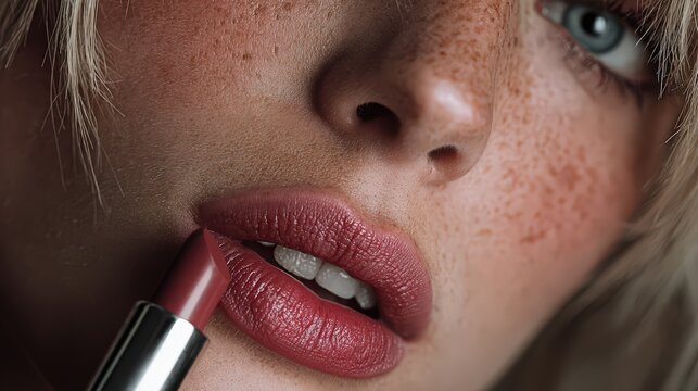 Young woman applies lipstick, close-up beauty portrait showcasing freckles, blue eyes, and natural makeup for cosmetics advertising.