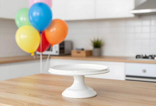 Birthday celebration and party planning, empty white cake stand on wooden kitchen table with colorful balloons for festive event and dessert display