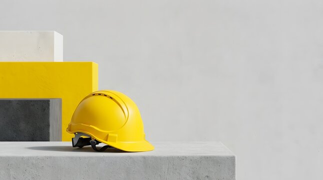 Yellow construction helmet resting on concrete with a blurred industrial background