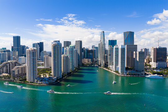 Miami waterfront panorama. Miami panorama with skyscrapers. Miami skyline with Brickell view.