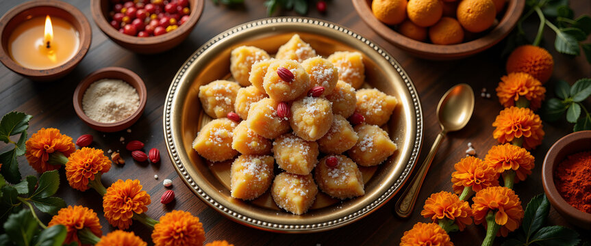 Top-down view of Indian sweets mithai on brass plate with diyas and marigold for Diwali food photography festive menus and cultural articles