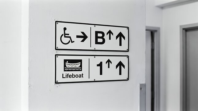 Minimalist shipboard directional signs, black and white interior navigation plaques, wheelchair accessibility and lifeboat muster station indicators