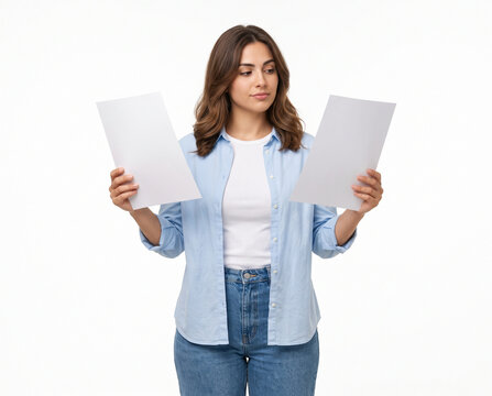 young white woman comparing two blank white a4 paper documents isolated on white background for insurance and mortgage evaluation campaign ad