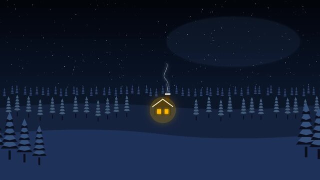 Quiet winter solstice midnight parallax scene with a small glowing cabin in a snowy forest and smoke rising under a starry sky