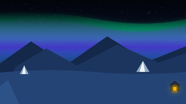 Minimalist Flat Design Animation of Winter Solstice Aurora Borealis Sky Over Mountains and Camp Tents