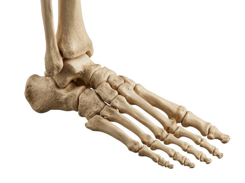 Human foot skeleton anatomical structure showing tarsals and phalanges isolated on transparent background