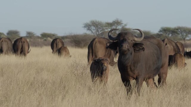 African buffalo (Syncerus caffer )in typical natural Kalahari-Nama Karoo transition habitat near Kimberley, Northern Cape, South Africa, showcasing iconic African wildlife in a wild landscape.
