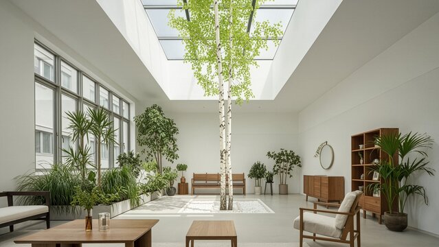 Architecture - Modern interior with birch trees under skylight