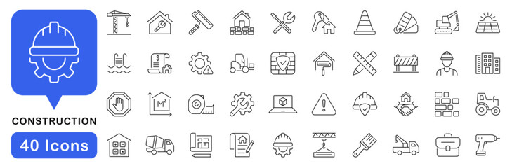 Obraz na płótnie Canvas Construction icon set. Build icon in line style. Editable web icons manufacturing, plan, structure, worker, industry, engineering, production etc. Vector illustration.