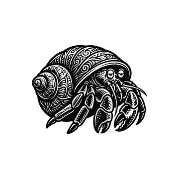 Black and white illustration of a small hermit crab with a decorative patterned spiral shell