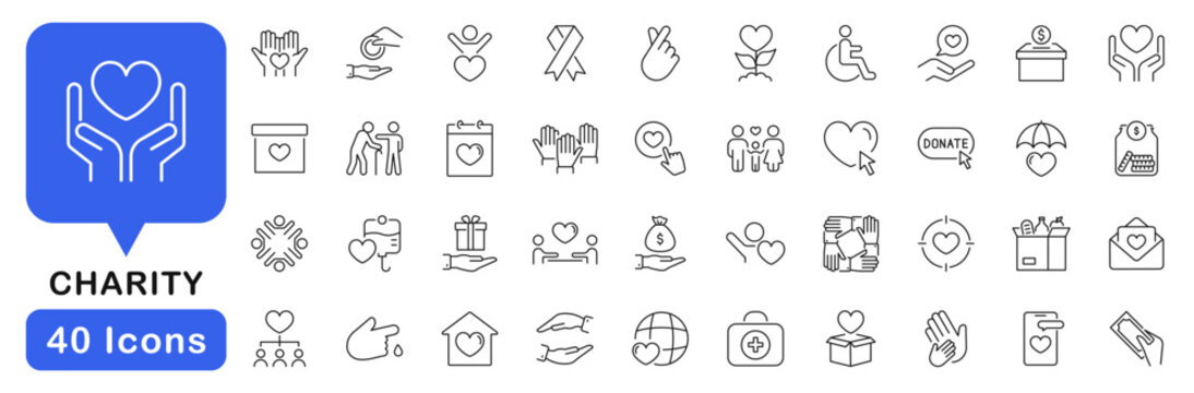 Charity icon set. Donation icon in line style. Editable web icons volunteering, giving, support, social care, fundraising, community help, altruism etc. Vector illustration.
