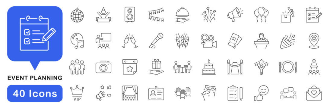 Event planning icon set. Entertainment icon in line style. Editable web icons meeting, holiday, event, event organization, celebration, party, wedding, venue etc. Vector illustration.
