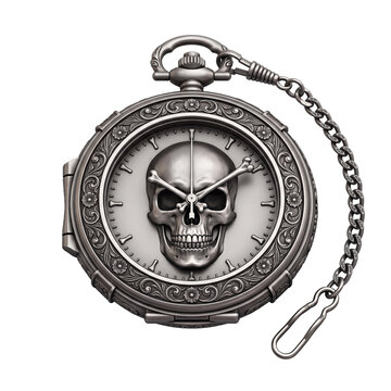Ornate silver pocket watch with skull and crossbones on clock face