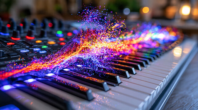 professional music keyboard viewed in dramatic close-up with holographic sound waves flowing above the keys and breaking apart into brilliant colorful dots, AI-assisted audio production concept, neo