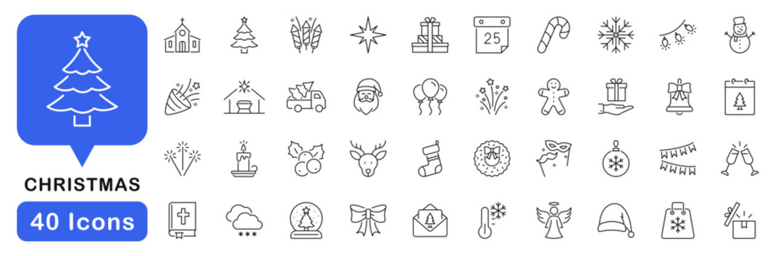 Christmas icon set. Xmas icon in line style. Editable web icons holiday, santa claus, christmas tree, snow, snowman, fireworks, gift, angel, new year etc. Vector illustration.