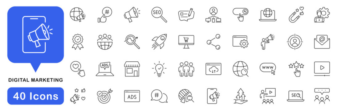 Digital marketing icon set. Promotion icon in line style. Editable web icons advertising, seo, content, website, social media, sales etc. Vector illustration.
