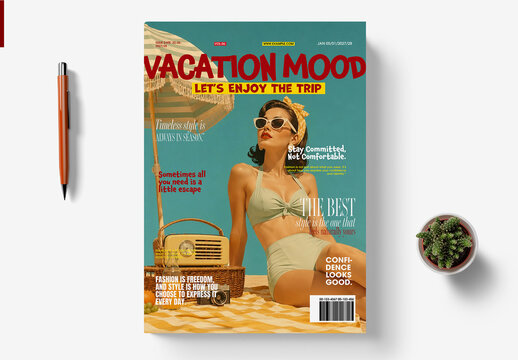 Retro Summer Vacation Magazine Cover Template