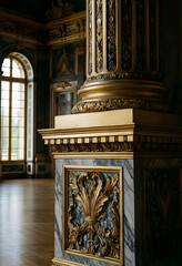Obraz premium Luxury interior design and baroque architecture, ornate gold column with marble base in a historic palace hall with natural light from arched windows
