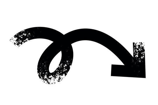 Swirl loop arrow vector icon with black textured grunge effect. Isolated vector illustration of a winding spiral pointer symbol, ideal for UI, creative notes, and web design