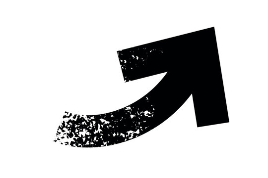 Curved arrow vector icon pointing upward with black textured grunge effect. Isolated vector illustration of a direction pointer symbol, ideal for UI, web design, creative layouts