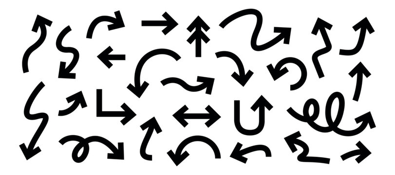 Arrow vector set with black flat style pointers, curves, swirls. Minimalist sketch hand drawn direction icons isolated on white background, ideal for design, notes