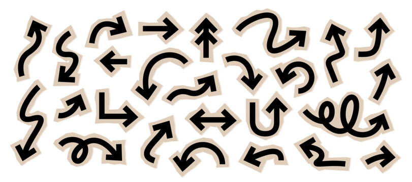 Arrow vector set with black hand-drawn doodle pointers on torn paper sticker cutouts. Minimalist sketch direction icons isolated on white background, ideal design, notes