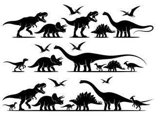 Complete Dinosaur Silhouettes Collection: T-Rex, Triceratops, Brachiosaurus, Stegosaurus, and Pterodactyl Vector Set Isolated on White Background © Isroatun