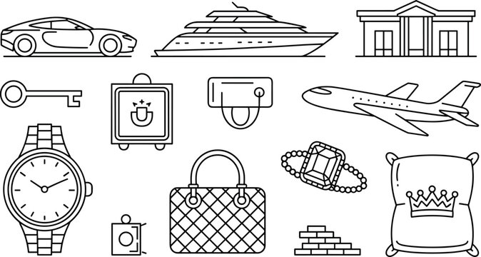 Luxury Lifestyle and Wealth Linear Icon Set featuring Sports Car, Yacht, Mansion, Private Jet, Wristwatch, Handbag, Diamond Ring, and Crown Symbols for Graphic Designs