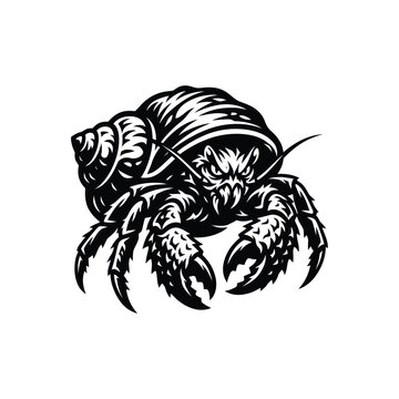Black and white illustration of a tough hermit crab character in a cool mascot logo style