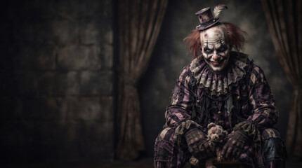 Fototapeta premium Scary evil clown sitting in a dark room holding a teddy bear